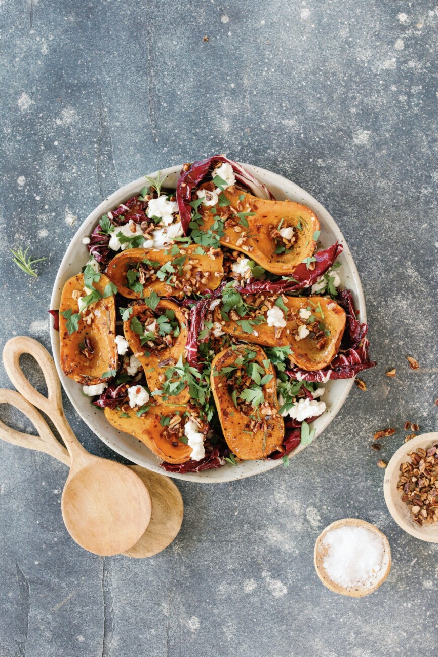 roasted honeynut squash recipe with raddichio, goat cheese and pecans